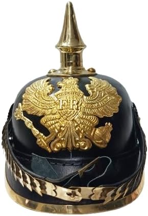 Imperial German Pickelhaube Helmet Authentic Leather & Brass Replica | Vintage Black & Gold Military Spiked Helmet for Reenactment, Decor & Collectors