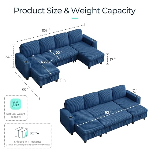 Image of LINSY HOME Sectional Sleeper Sofa Pull Out Couches for Living Room (Blue, Sleeper Sofa 3) | Pull Out Sofa Bed, Storage, USB Charging, Cup Holders, Plush Corduroy
