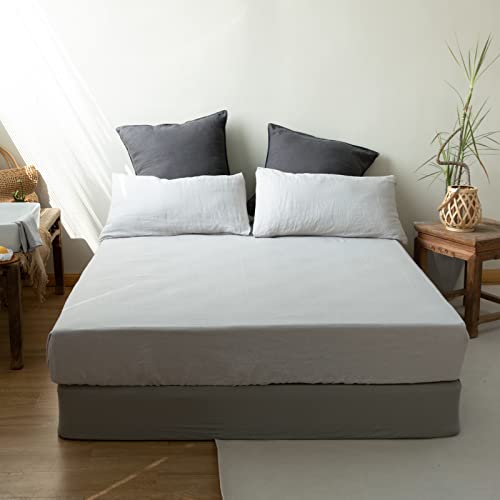 King Linens 100% Linen Fitted Sheet Stone Washed Solid Color - (1 Piece) 14 Inch Deep Pocket Mattress Cover Soft Natural Breathable Farmhouse - Grey, Twin Size #TOP6