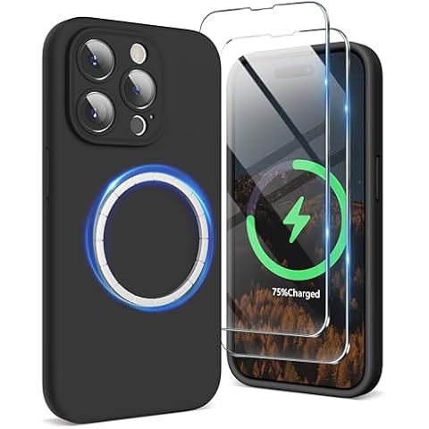 SURPHY Designed for iPhone 15 Pro Case Compatible with MagSafe (6.1 inch 2023), with 2 Pack Screen Protector, Liquid Silicone Phone Case (Camera Protective + Soft Microfiber Lining), Black Cover
