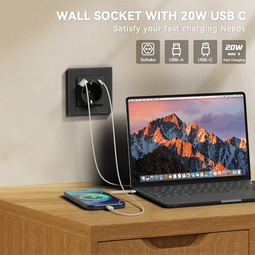 BSEED Steckdose mit USB C 20W, Schnellladen Wandsteckdose mit Krallen, EU-Standard Einbausteckdose Unterputz, Einfach Montage, 16A 250V, NEU E-Serie,1 Fach,86mm Grau