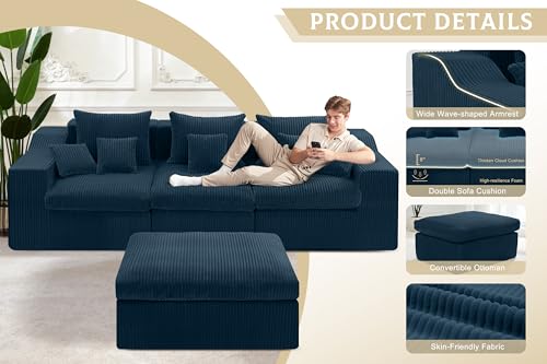 Image of 101 inch Modular Couch Sectionals with Ottoman, Big Comfy Cloud Couches, L Shaped 4 Seat Modular Sectional Sofa, Sectional Double Cushion Couches with Deep Seat for Living Room,No Assembly Required(Blue)