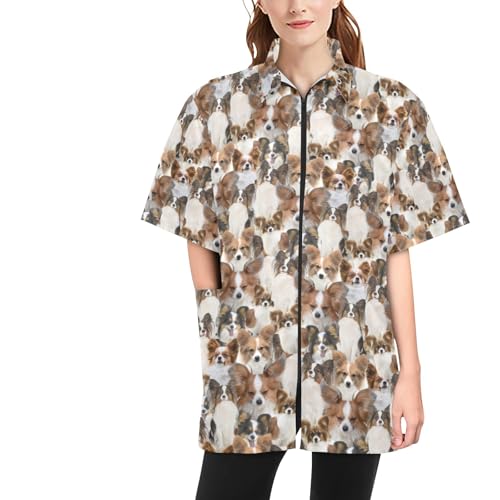 COWCUTE Papillon Dog Print Pet Grooming Smocks, Waterproof Workwear Zipper Jackets for Pet Groomer, Papillon Dog Lover Gifts