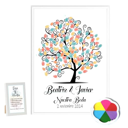 Didart Handmade Cuadro árbol de Huellas. Personalizado Bodas, Comuniones, bautizos. Tintas e Instrucciones Incluidas.Modelo pajaritos. Hecho en España (Marco Blanco, A3(29,7 x 42 cm))