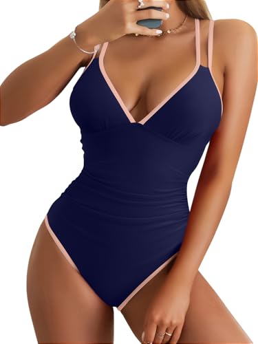 B2prity Women's V Neck One Piece Swimsuit Tummy Control Slimming Bathing Suit Double Straps Crisscross Back Swimwear