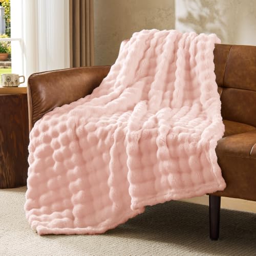 Image of BEDELITE Cute Pink 3D Fleece Bubble Throw Blanket for Couch, 50x60 Inches | Fluffy Blanket for Sofa Bed Dorm Room Decor, Luxury Soft Warm Cozy Plush Fuzzy Throw Blankets Gift for Women, Lightweight