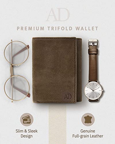 Image of Trifold Wallets for Men - Slim RFID Blocking Wallet for Securing Personal Data - Front Pocket Friendly Genuine Leather Wallet - Mens Wallets Trifold with ID Window - Tri Fold Wallet Gifts for Men