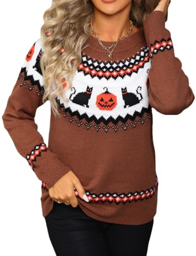 Kinghua Halloween Sweaters for Women Spring Fall Color Block Crewneck Long Sleeve Ribbed Loose Fit Pullover Sweater