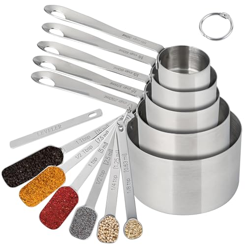 IFFMYJB Measuring Cups and Spoons Set of 12, Stainless Steel Stackable Measuring Cups and Spoons Set With Leveler, Metal Measuring Spoons and Cups for Dry or Liquid Ingredients During Kitchen & Baking