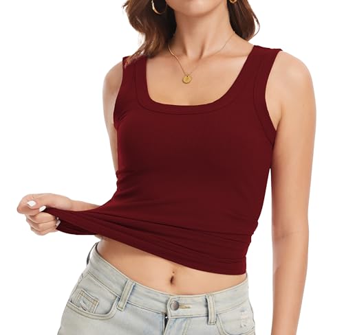 Womens Sleeveless Scoop Neck Tank Top Ribbed Fitted Summer Basic Slim Cute Tops 2026 Y2k Trendy Clothes Maroon