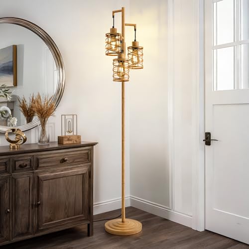 Image of BOBOMOMO 70 inch Farmhouse Dimmable Floor Lamp, Light Wood Grain Industrial Metal Cage Standing Lamp with 3 LED Bulbs, Stepless Dimming Tall Tree Lamp for Living Room, Bedroom, Studio, Corner