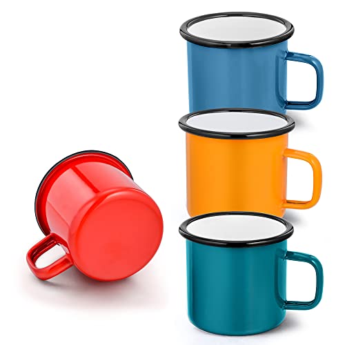 Herogo Juego de 4 tazas de café, 350 ml, color rojo, azul, verde, amarillo, porcelana esmaltada, con asa, para camping, casa, fiesta, oficina, reutilizable y portátil Cover