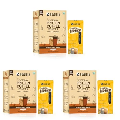 Image of Bevzilla Everyday Protein Coffee Sachets & Rechargeable Frother | Assorted 4 Flavour | 5 g Protein per Serve | 16 Sachets Pack | 3-Speed Electric Frother with Type-C Fast Charging (Pack of 3)