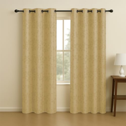 Image of LINENWALAS 100% True Blackout Curtains 9 Feet Long - 2 Panel, Raindrop Floral Design Complete Light Block Thermal Insulated & Noise Reducing Room Darkening Curtains (Raindrop Golden Beige)