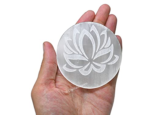 Image of Certified Selenite Crystal Charging Plate, 4 Inches Engraved Lotus Flower of Life Selenite Plate for Crystal Cleansing Re-Energy Work, Meditation and Pooja