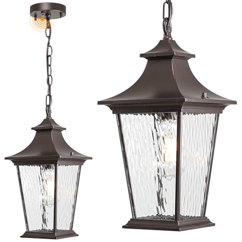 Image of Outdoor Pendant Lights for Porch 16.5 inch Large Dusk to Dawn Outdoor Chandelier with Water Ripple Glass Oil Rubbed Bronze Modern Hanging Porch Light with Adjustable Chain E27 Socket