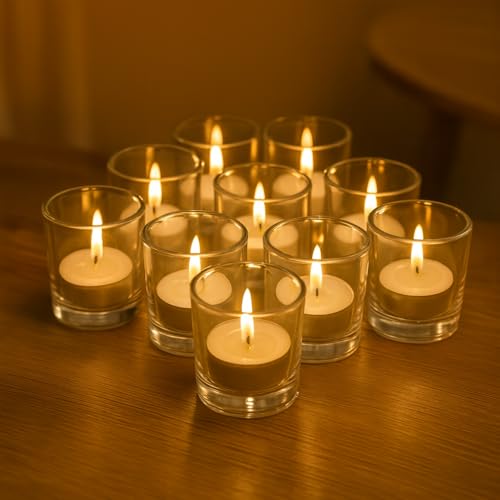 Image of Pure Source India Set of 12 Votive Glass Candle Holders with Tealight Candles | Decorative Diwali Lights for Home, Pooja & Festive Decor (Clear)