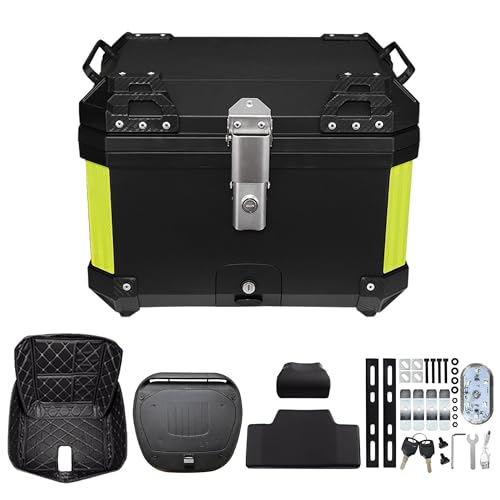 QIYAONUOバイク リアボックス 57L 大容量 トップケース バイク ボックス ABS素材 着脱簡単 取り付けベース付き バックレスト付き タッチライト小型付き (ブラック(イエロー反射シール))