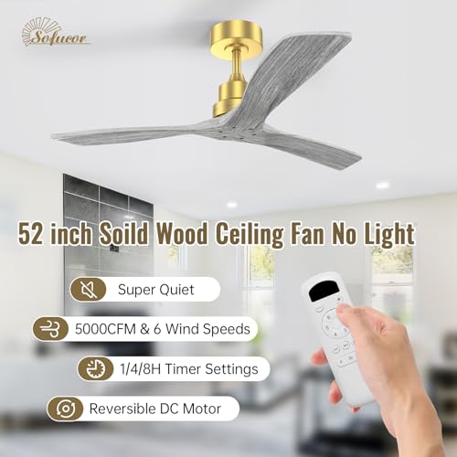 Image of Sofucor 52 Inch Modern Solid Wood Ceiling Fan No Light for Indoor Outdoor
