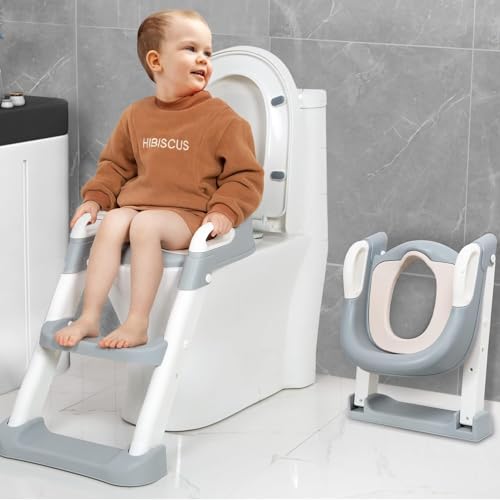 SKY-TOUCH Kids Potty Training Seat with Steps,Adjustable Toddlers Potty Toilet Trainer,Toilet Ladder Seat, Folding Children's Toilet Training with Steps Non Slip & Space Efficient for Boys Girls,Grey