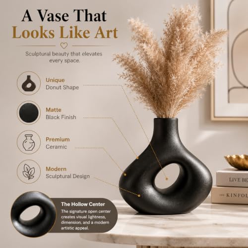Image of Abstract Ceramic Vase - Modern Matte Black Sculptural Hollow Centerpiece, 21.5 inch cm Decorative Flower Vase for Tabletop, Mantel, Living Room Decor