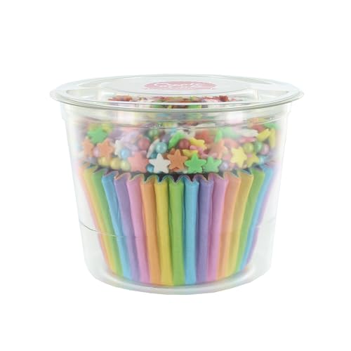 Create A Cake Rainbow Cupcake Sprinkle Kit de moldes multicolor para hornear y espolvorear, 25 estuches y gránulos de 30 g, juego de decoración comestible con estrellas de azúcar y bolas Create A Cake Rainbow Cupcake Sprinkle Kit de moldes multicolor para hornear y espolvorear, 25 estuches y gránulos de 30 g, juego de decoración comestible con estrellas de azúcar y bolas