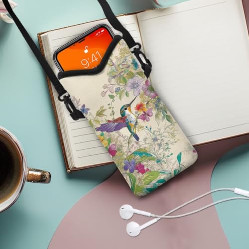 Image of Women Small Crossbody Bag Fashion Phone Pouch with Adjustable Strap Lightweight Trendy Mini Smartphone Purse Travel Essentials, Retro Floral Hummingbird Beige