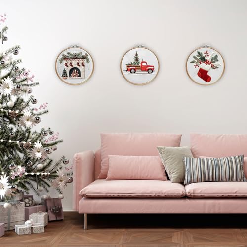 Image of EOBTAIN 3 Pcs Christmas Embroidery Kit for Beginners,Red Christmas Embroidery Kits for Adults,Cross Stitch Kits for Beginners with Pattern, Needles, Threads, Tools,Hand DIY Craft Kits for Adults