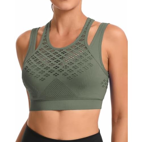 RUNNING GIRL Sports Bras for Women High Support,Seamless Ribbed Longline High Neck Sports Bra Racerback Padded Crop Top Yoga Medium A-dark Green
