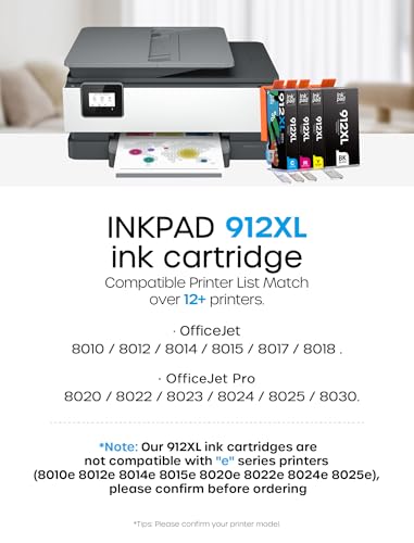 iNKPAD 912XL Ink Cartridges Compatible with HP 912 912XL Ink Cartridges Multipack for HP OfficeJet 8010 8012 8014 8015 8017 OfficeJet Pro 8020 8024 8023 8025 (4-Pack, Black Cyan Magenta Yellow)