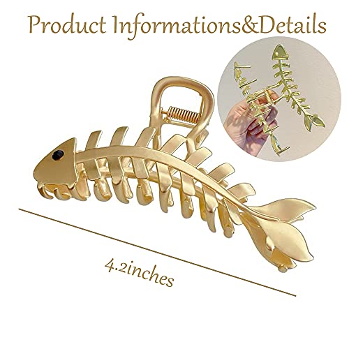 Gold Hair Clips Fish Bone Shape Hair Claw Clip 1Pcs Large Metal Hair Jaw Clamps Gold Hairpin Clips Fashion Nonslip Hair Clamps Hair Catch Clip Hair Accessories For Thick Hair Thin Hair Hairstyling #TOP5