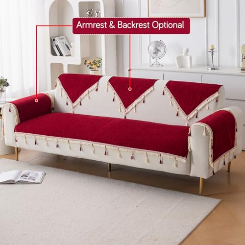 Image of HOKIPO 'Serenity Tassel' Chenille Sofa Cover 6 Seater Set with Tassels - Washable 3+2+1 Sofa Cover Mat | Crimson Ruby (IN-890 + IN-891 + IN-892 - MRN)