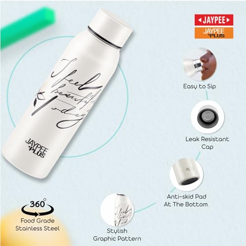 Image of Jaypee Plus Punch Prime Stainless Steel Printed Vacuum Insulated Water Bottle 620 ml | ISI Certified Rustproof & Leakproof Flask with 24Hrs Hot & Cold Ideal for School Kids, Office & Travel - (White)