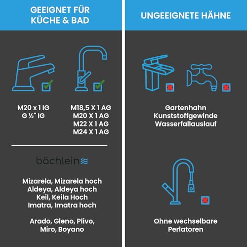 Bächlein Wasserhahn-Aufsatz in Chrom mit zwei Strahlarten - Drehbarer Wasserhahn-Luftsprudler für Küchenarmaturen