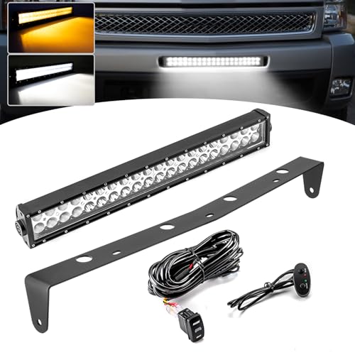 Wsays 22 inch 120W LED Amber/White Strobe Dual Rows Straight Light Bar with Wiring Harness Kit & Front Hidden Bumper Mounting Brackets Compatible with Chevy Silverado 1500 2500 3500 HD 2007-2013