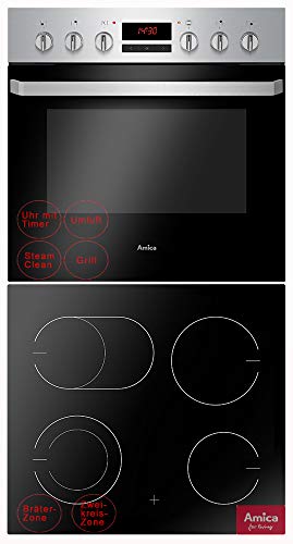 Einbauherd Set Backofen mit Grill und Umluft, rahmenloses Glaskeramik Kochfeld mit Zweikreis und Bräterzone, Timer
