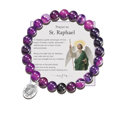 LIUANAN St. Raphael Amethyst Bracelet for Women Angel of Healing & Guidance Catholic Protection Jewelry for Health Journey & Spiritual Growth Meaningful Gift for Daughter Mom & Grandma with Natural Healing Stones (St. Raphael Amethyst Bracelet)