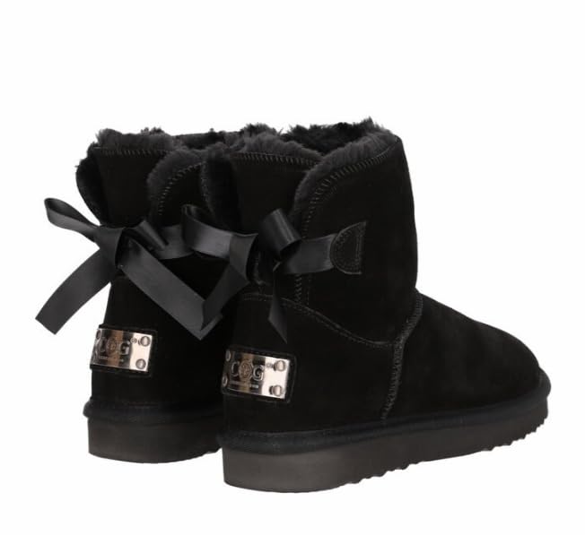 OOg Boots - Botas de nieve para mujer, 6 pulgadas, con lazo, piel auténtica, cálidas y forradas de piel, antideslizantes, planas y cortas, color Negro, talla 38 EU