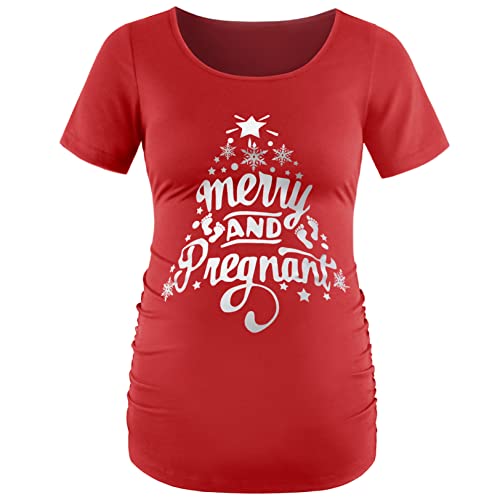 Debelly Short Sleeve Maternity Tshirts Funny Xmas Top Red Pregnancy Shirts Christmas Tree Mama Holiday Tops,Merry And Pregnant,M #TOP10