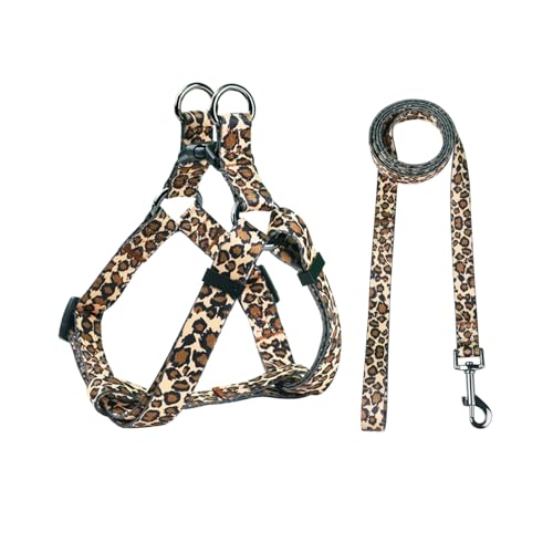 Olahibi Set di pettorina e guinzaglio, motivo leopardato, guinzaglio abbinato da 1,5 m, senza tirare, facile da indossare per cani di piccola taglia (S, marrone leopardo)