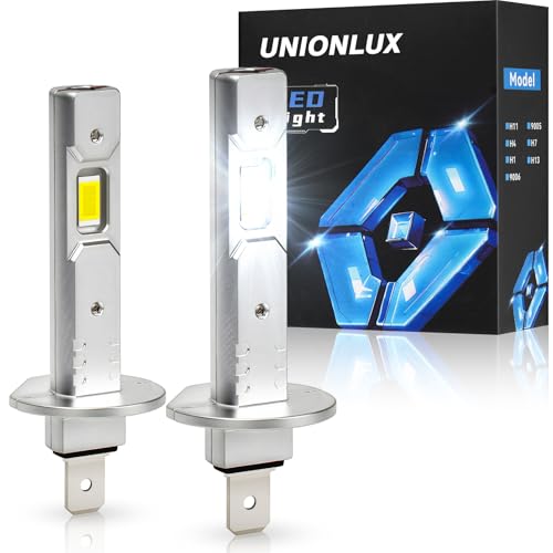 unionlux Upgraded H1 LED Light Bulb, 500%+35000LM Super Brighter 1:1 Mini Size H1 LED Fog lights, No Adapter Required Easy install, 6500K Cool White, Canbus Ready, Plug and Play, Pack of 2