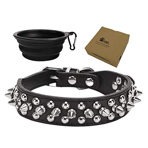 Thain Mushrooms Spiked Rivet Studded Dog Collars Adjustable Pu Leather With A Travel Bowl Gift For Puppy Small Medium Large Pets Like Pit Bull/Bulldog/Pugs (S, Black) #TOP4