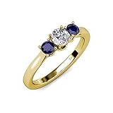 TriJewels Blue Sapphire and Center Diamond 3 Stone Ring 0.54 ctw in 14K Yellow...