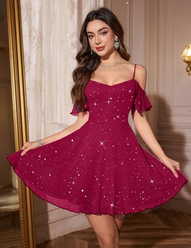 Image of Meetjen Women's Short Cocktail Dresses for Teens Formal Homecoming Sparkly Off Shoulder Tulle Sequin Prom Party Dress