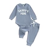 Kupretty Baby Boy Clothes 3 6 12 18 Months Fall Winter Outfit Daddy's Mini Embroidery Waffle Long Sleeve Romper Pants Set (Blue, 12-18 Months)