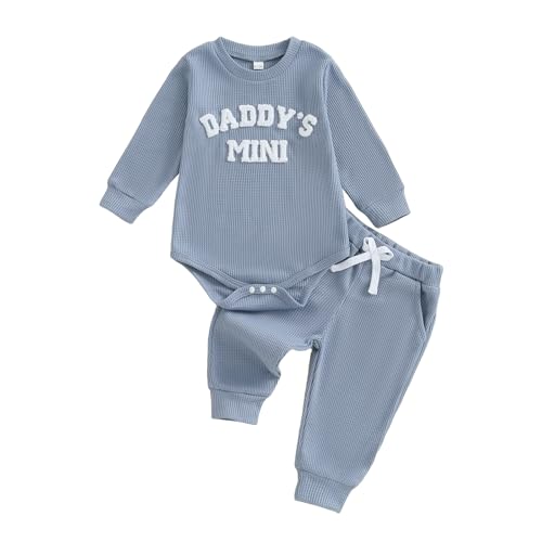 Image of PUHHAPIEY Daddys Mini Baby Boy Outfits Newborn Long Sleeve Romper Onesie Elastic Waist Pants 2pcs Set 0 3 6 12 Months