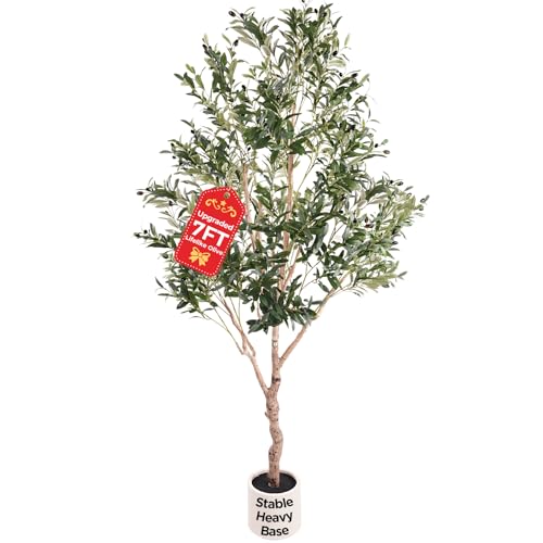 Large Olive Trees Artificial Indoor Upgraded 7FT Faux Olive Tree with Natural Wood Trunk and Lifelike Fruits White Tall Planter Modern Artificial Plants for Home/Office Decor Gifts Pcs