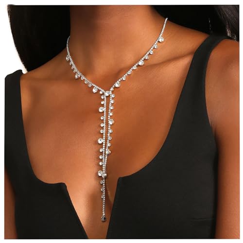 Sexy Full Rhinestone Simple Long Tassel Necklace Summer Crystal Claw Body Chain Statement Rhinestone Choker Necklace Bikini Chest Body Chain Jewelry for Women (Silver)