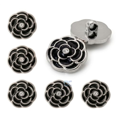 Image of Pack of 6 Resin Rose Flower Buttons Diameter 20 L Shank Button for Sewing On Blazer Jacket and Art and Craft| Beautiful Black Rose with Silver Edges and Rhinestone in Centre