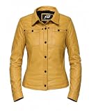 Jild Womens Button Front Lambskin Leather Jacket Shacket - Casual Shirt Long Sleeve Leather Jacket Women with Bust Pocket (Yellow-XL)